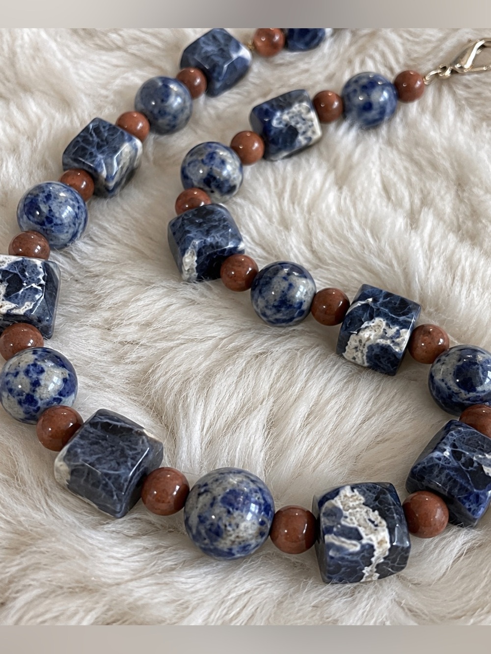 24” Sodalite Jasper Gemstone Beaded Necklace Blue Cube Round Stone Boho Artisan
